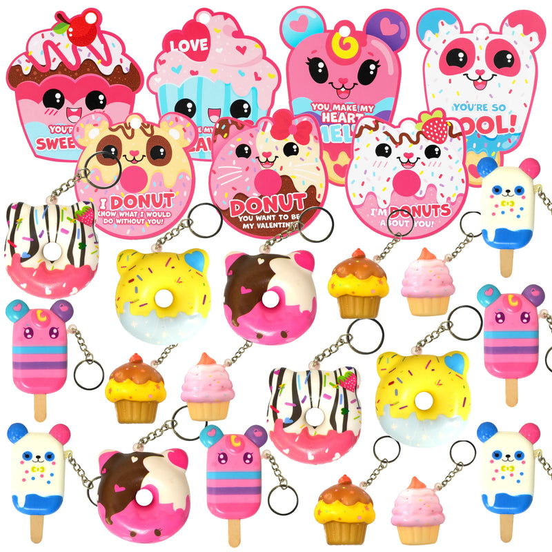28Pcs Dessert Squishy Toys Keychains with Kids Valentines Cards