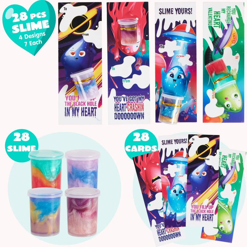 28Pcs Kids Valentines Cards with Cosmic Realm Slime-Classroom Exchange Gifts