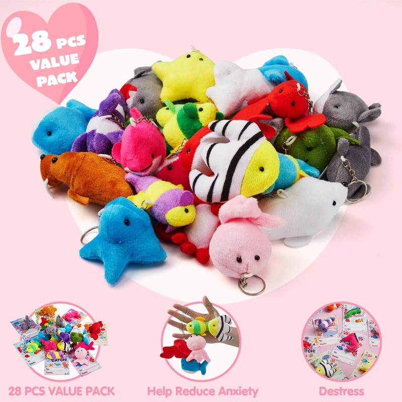 28 Sea Animals Mini Plush Keychain with Pull Back Car Vehicle Toys-Classroom Exchange Gifts