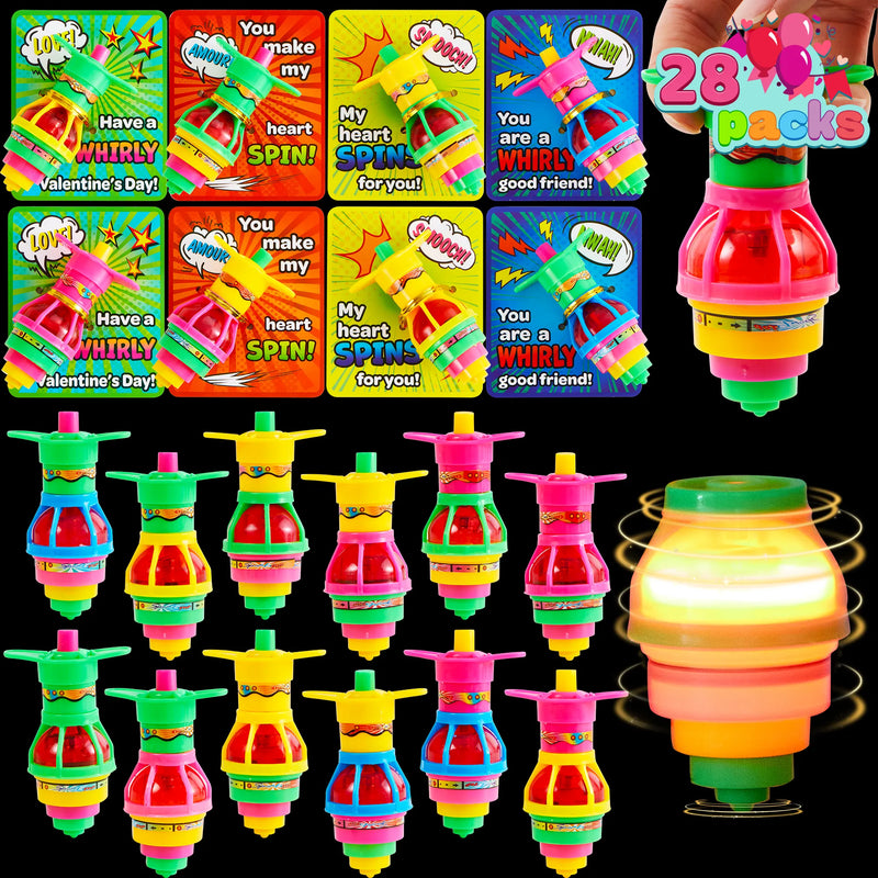 28pcs Light up Spinning Tops with Kids Valentines Exchange Cards