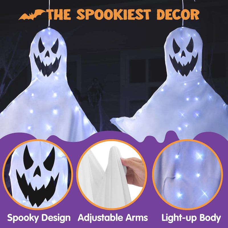 2 Pack 55in Halloween Light Up Windsock Hanging Ghost with 80 White Lights