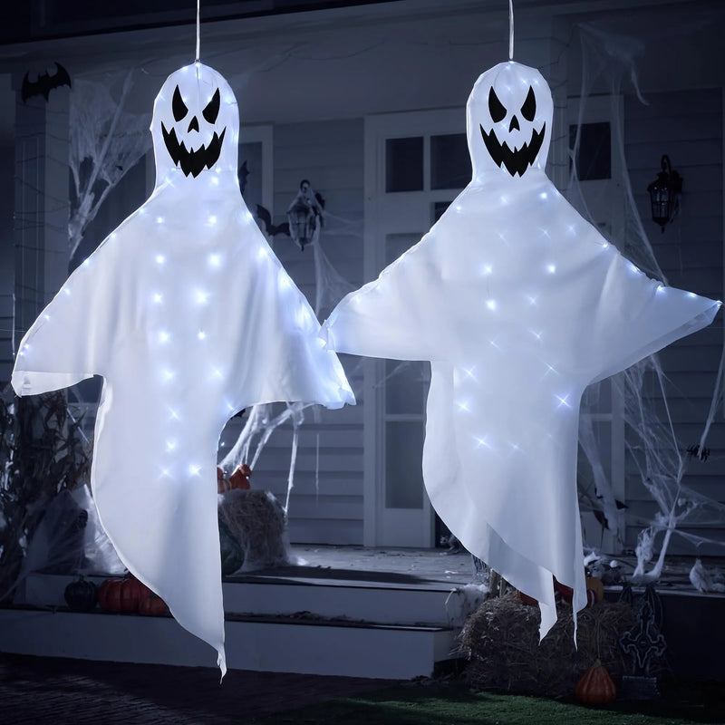 2 Pack 55in Halloween Light Up Windsock Hanging Ghost with 80 White Lights