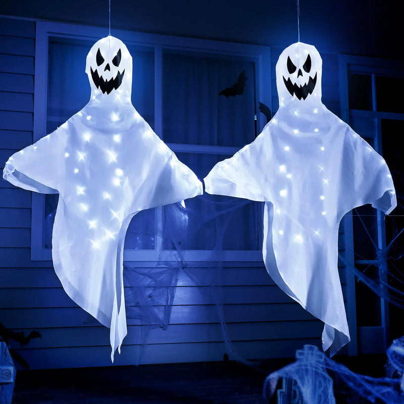 2 Pack 55in Halloween Light Up Windsock Hanging Ghost with 80 White Lights