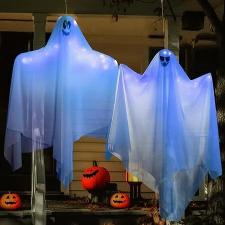 2Pcs 35.4in Halloween Light Up White Hanging Ghost with Blue LED Lights