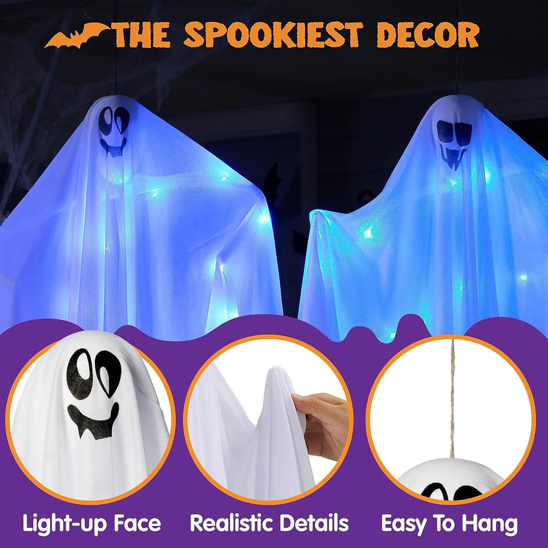 2Pcs 35.4in Halloween Light Up White Hanging Ghost with Blue LED Lights