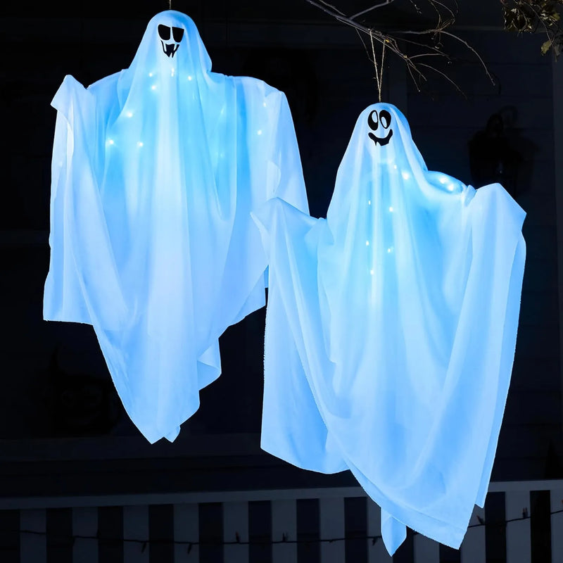 2Pcs 35.4in Halloween Light Up White Hanging Ghost with Blue LED Lights