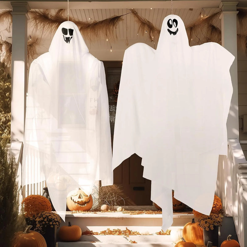 2Pcs 35.4in Halloween Light Up White Hanging Ghost with Blue LED Lights