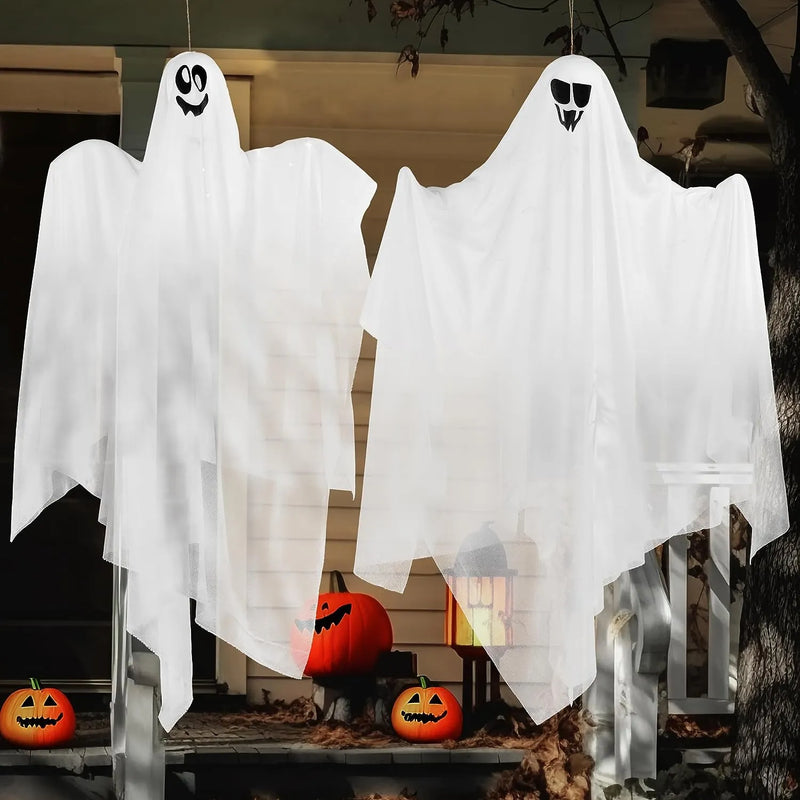 2Pcs 35.4in Halloween Light Up White Hanging Ghost with Blue LED Lights