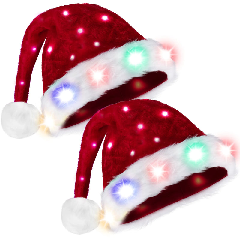 2Pcs Adults Light-up Christmas Santa Elf Hats with Pom Poms and Colorful Lights