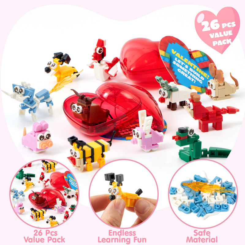 26pcs Building Blocks Animals Prefilled Hearts with Kids Valentines Cards