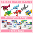 24 Packs Valentines Day Cards with Sea Animal Building Blocks for Gifts Party Favor