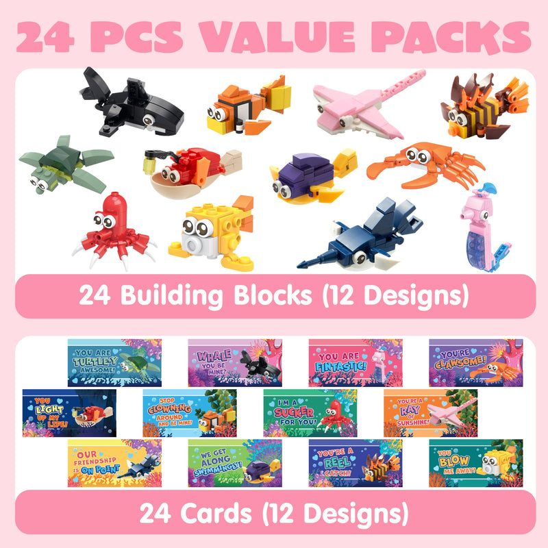 24 Packs Valentines Day Cards with Ocean Animal Building Block for Party Gifts
