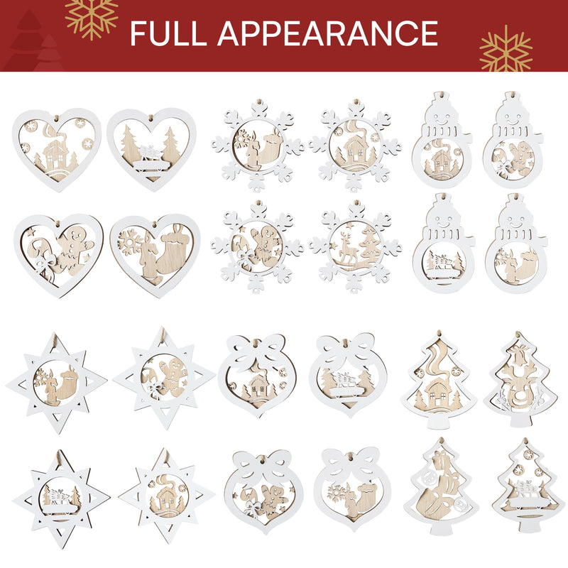 24 Pcs Christmas Wooden Carved Hanging Ornaments for Christmas Decor