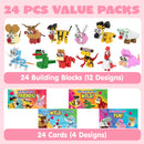 24 Packs Valentines Day Gift Cards with Animal Building Blocks for Party Favor Toy