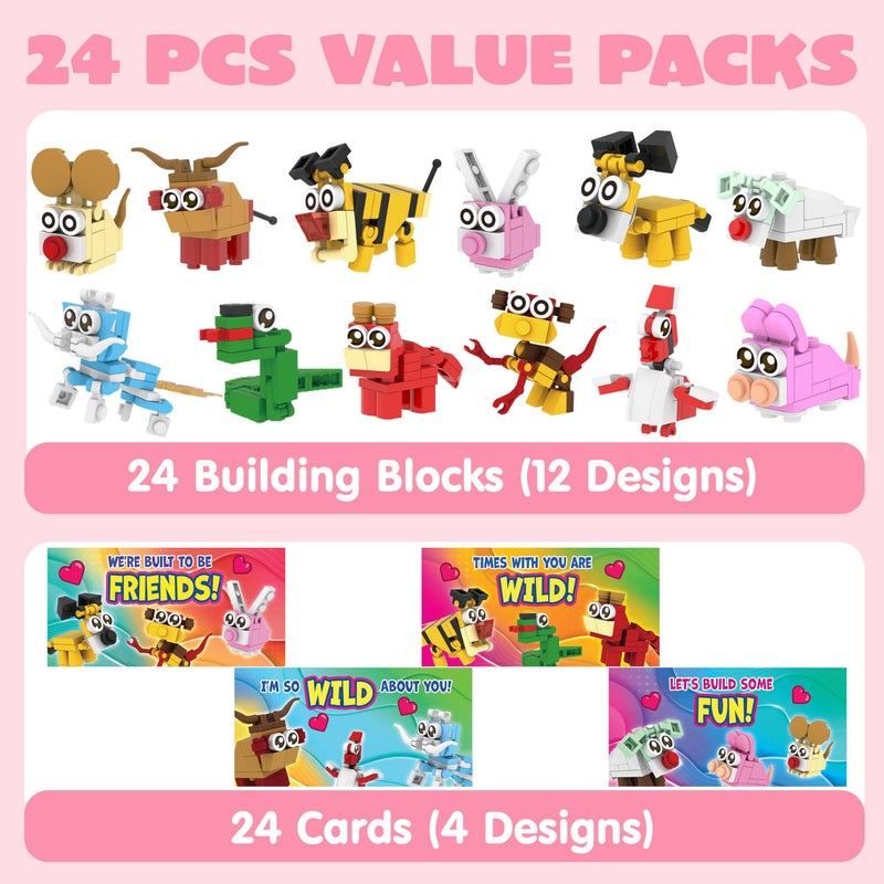 24 Packs Valentines Day Gift Cards with Animal Building Blocks for Party Favor Toy