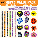 108PCS Halloween Pencils with Erasers Stationery Set