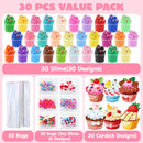 30 Pcs Valentines Day Multi Colored Butter Slime Set with Rubber Slices & Dessert Cards