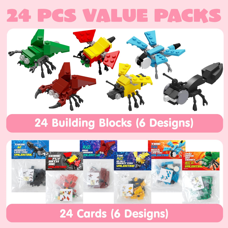 24 Packs Valentines Day Cards with Animal Building Blocks for Gifts Party Favor