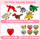 24 Packs Valentines Day Cards with Dinosaur Building Blocks Filled Hearts for Party Favor