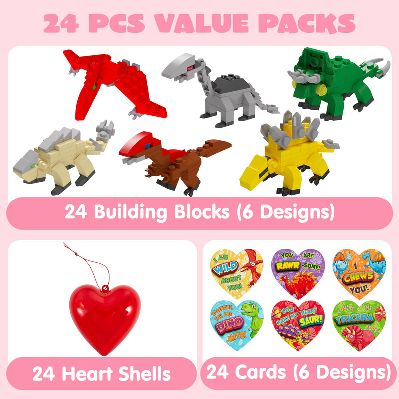 24 Packs Valentines Day Cards with Dinosaur Building Blocks Filled Hearts for Party Favor