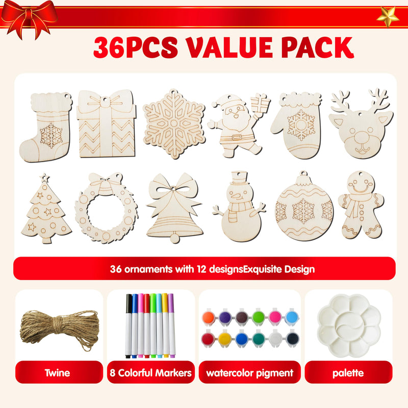 36 Pcs Christmas Wooden Hanging Ornaments Craft Kits