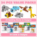 24 Packs Valentines Day Cards with Safari Animal Building Blocks for Gifts Party Favor