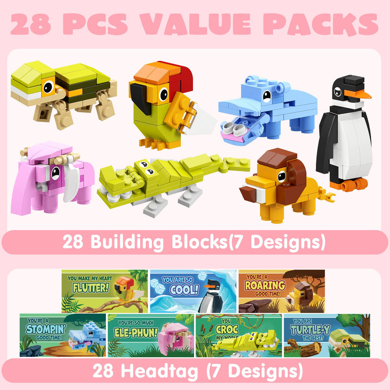 28Pcs Animal Building Blocks with Kids Valentines Cards