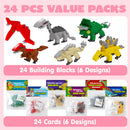 24 Packs Valentines Day Cards with Dinosaur Building Blocks for Gifts Party Favor