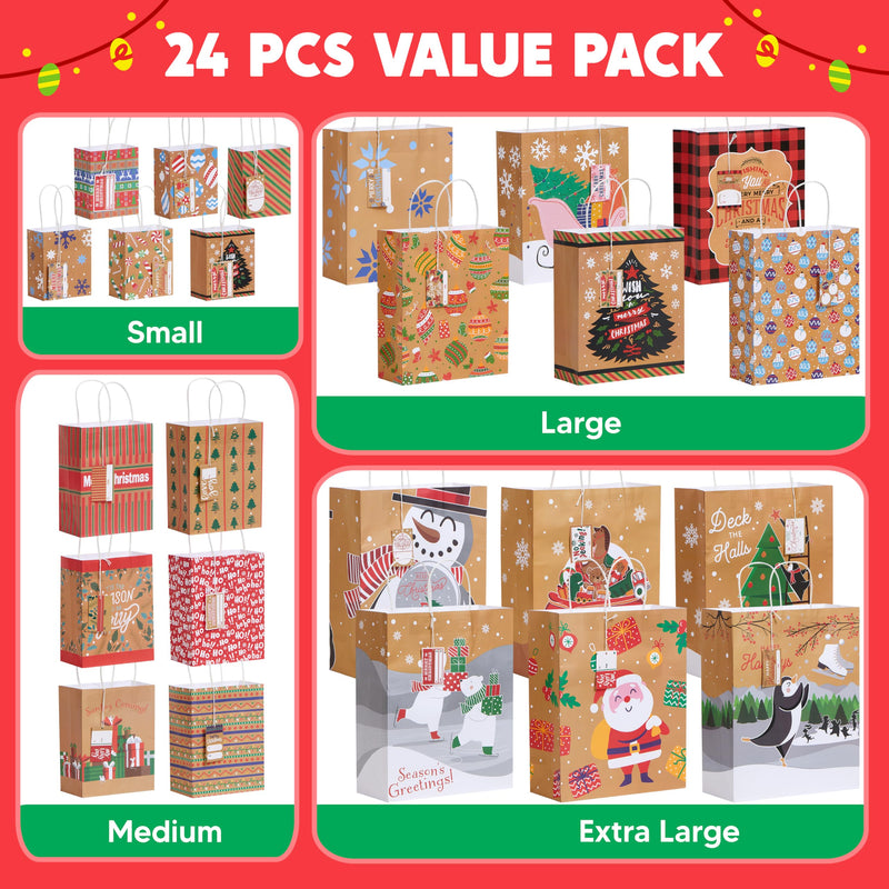 24 PCS Christmas Kraft Bag Assorted Sizes Xmas Gift Paper Bags