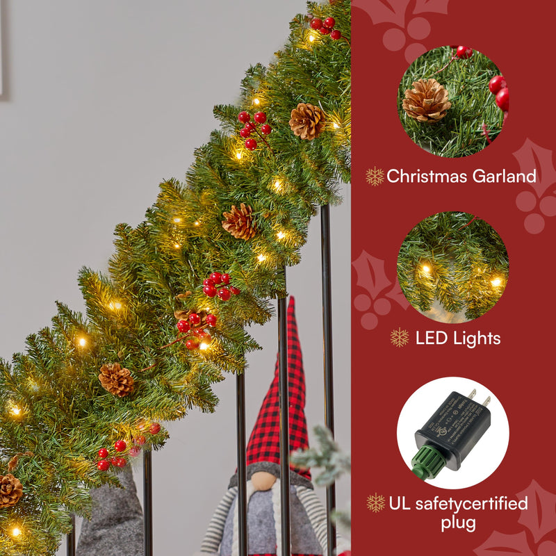 9FT Artificial Christmas Garland with Pine Cones and Red Berries