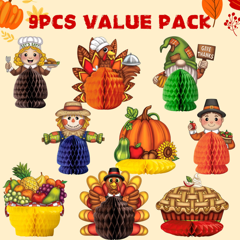 9 Pcs Thanksgiving Honeycomb Decorations Set