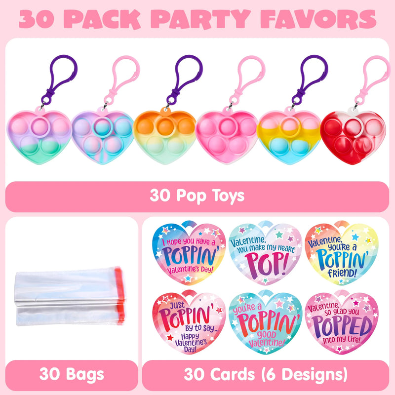 30 Packs Valentine’s Day 6-Design Gift Cards with Heart Bubble Keychain
