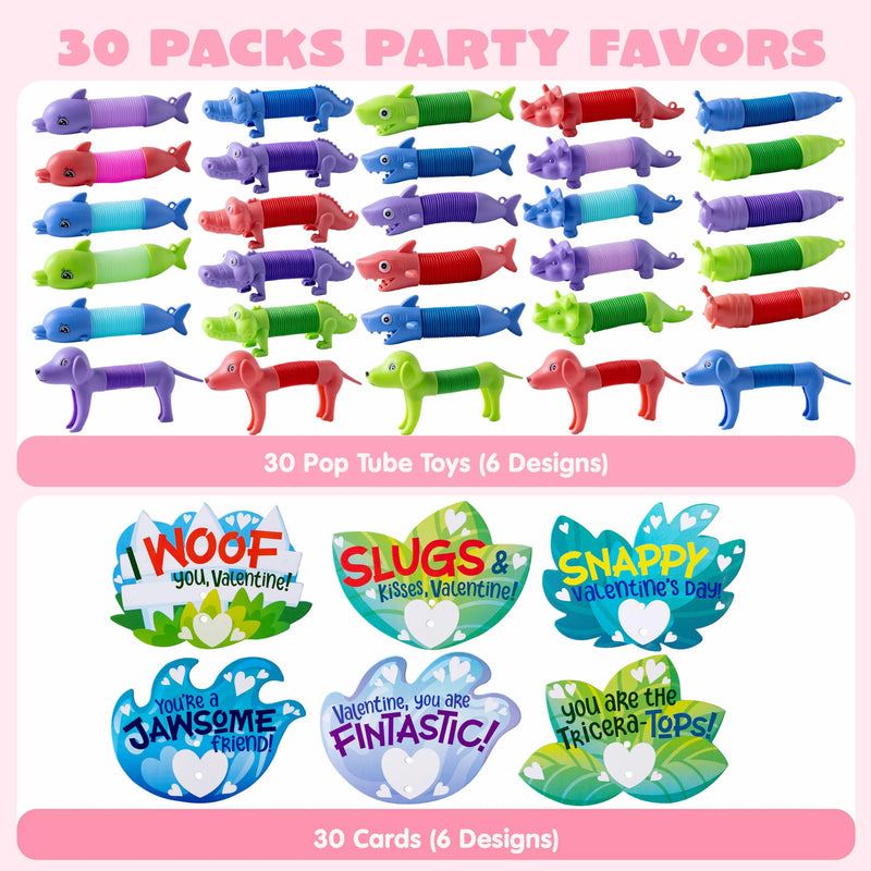 30 Packs Valentine’s Day Gift Cards with Critter Pop Tubes for Kids Classroom Gift Exchange