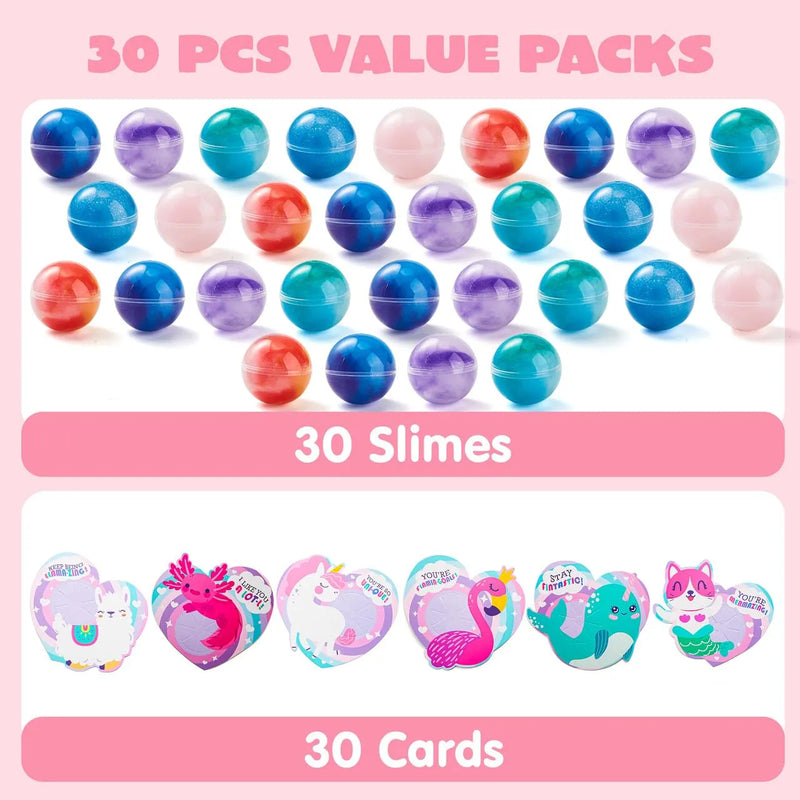 30 Packs Valentine’s Day Gift Cards with Rainbow Slime Pressure Release Fidget Toy for Classroom Exchange Prizes