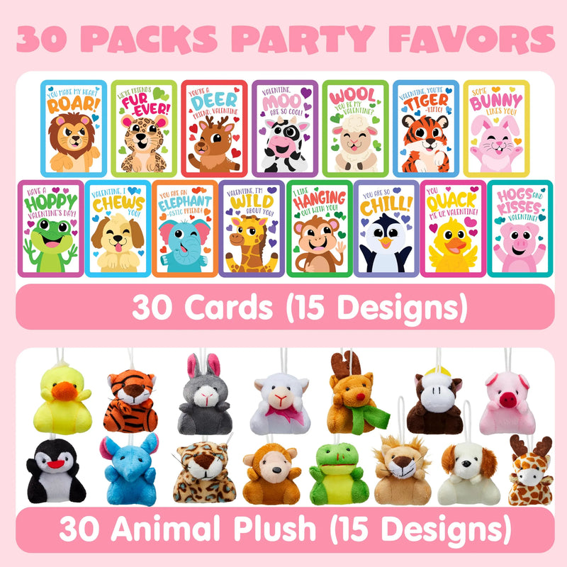 30 Packs Valentine’s Day Gifts Cards with Animal Plush Toy for Kids