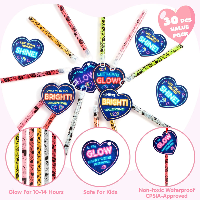 30 Packs Valentine’s Day Gifts Cards with Bright Large Glow Sticks for Kids Classroom Exchange Toy
