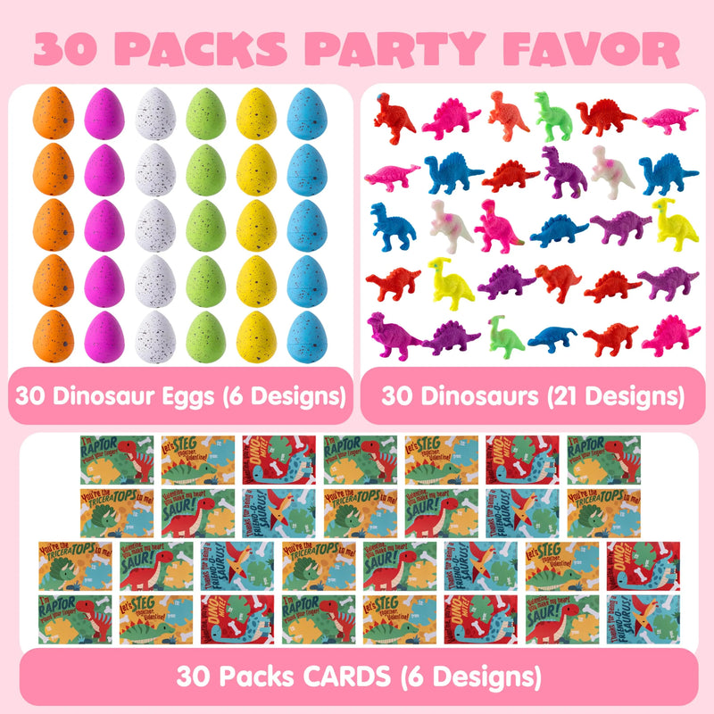 30 Packs Valentines Day Cards with Hatch Growing Dinosaur Eggs Toys with Hangers Valentine's Day Classroom Exchange Gifts