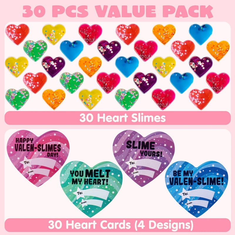 30Pcs Clear Slime Hearts with with Valentines Day Cards for Kids-Classroom Exchange Gifts