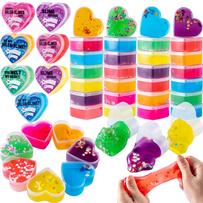 30Pcs Clear Slime Hearts with with Valentines Day Cards for Kids-Classroom Exchange Gifts
