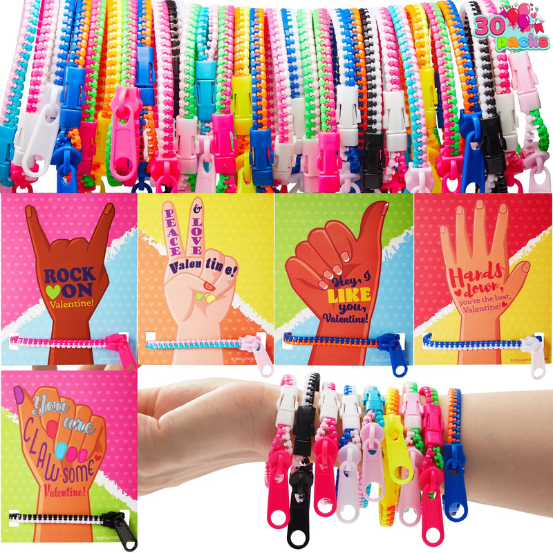 30Pcs Kid Valentines Cards with Zipper Bracelets-Classroom Exchange Gifts