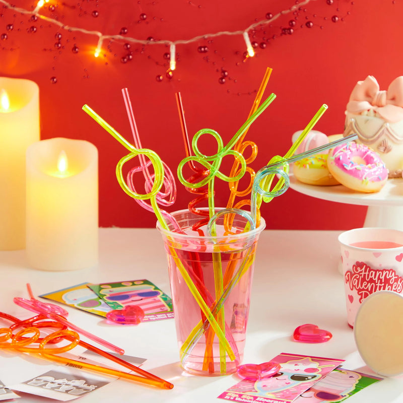 32Pcs Kids Valentines Cards with Colorful Loop Reusable Drinking Straws-Classroom Exchange Gifts