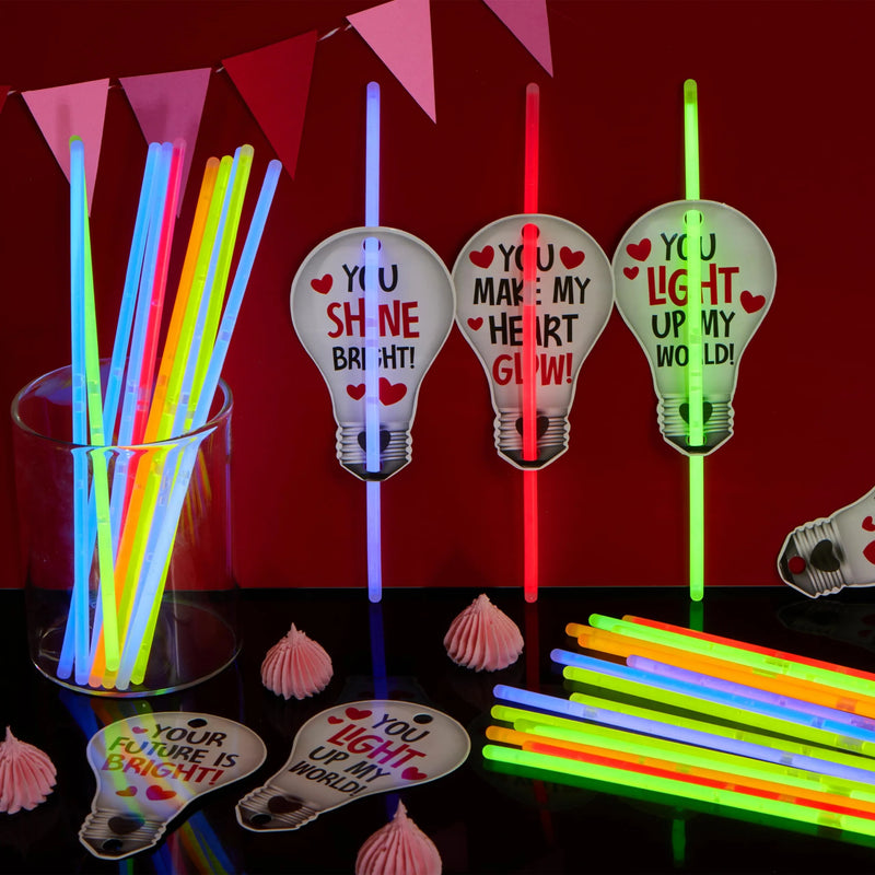 36 Packs Neon Valentines Day Gift Bulb Cards with Glow Sticks, Glow Necklaces