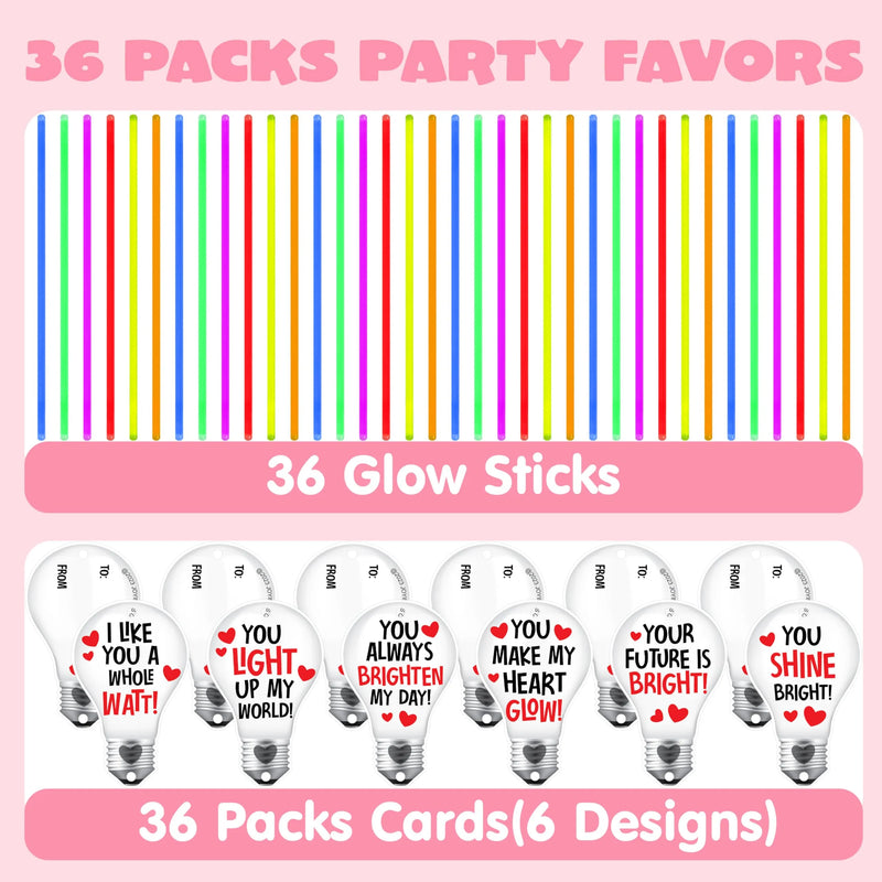 36 Packs Neon Valentines Day Gift Bulb Cards with Glow Sticks, Glow Necklaces