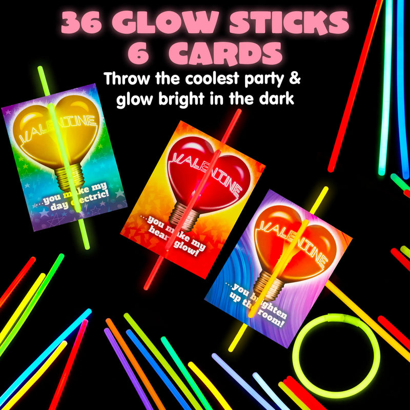 36 Packs Neon Valentines Day Gift Cards with Glow Stick Bracelets for Classroom Exchange Cards