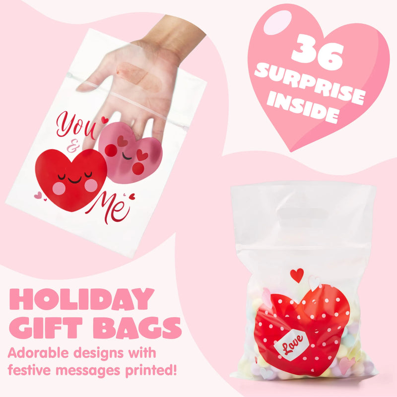 36 Pcs Valentine’s Day Cellophane Gift Bag, Candy Treat Bag with 6 Designs for Kids Party Favor Supplies