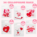 36 Pcs Valentine’s Day Cellophane Gift Bag, Candy Treat Bag with 6 Designs for Kids Party Favor Supplies