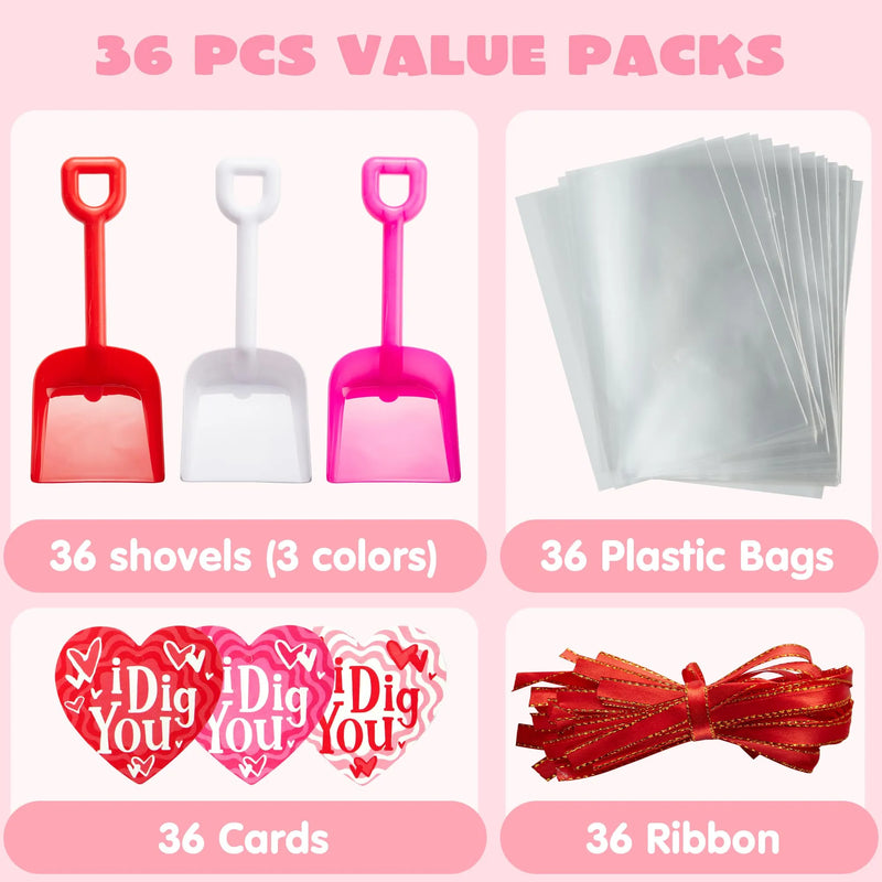 36Pcs Valentines Day I DIG You Cards with Shovel Toy for Kids Classroom Exchange