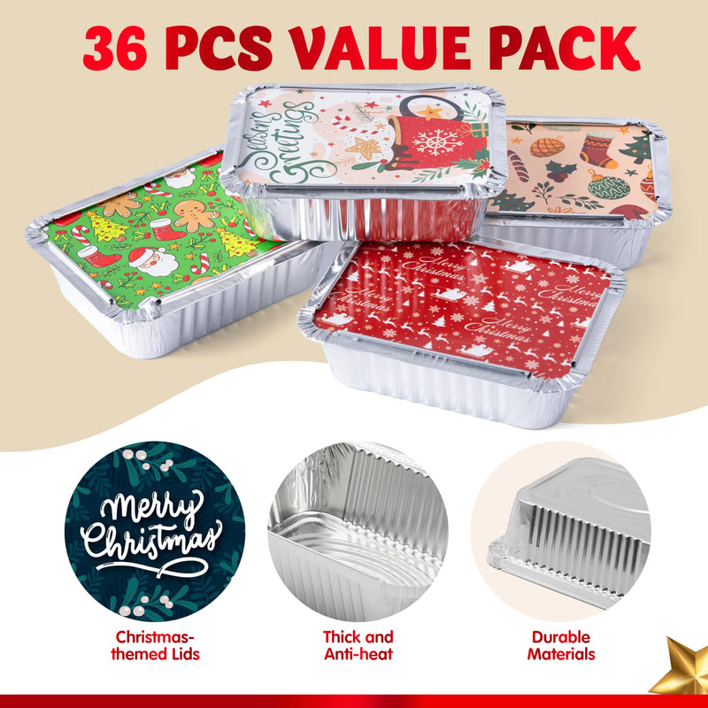 36 Pieces 9 Designs Christmas Foil Containers with Lids 5in x4in x1.5in