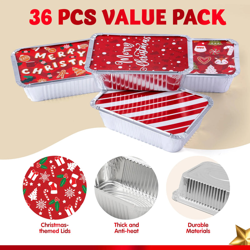 36 Pieces Christmas Foil Containers with Lids, 9 Holiday Designs