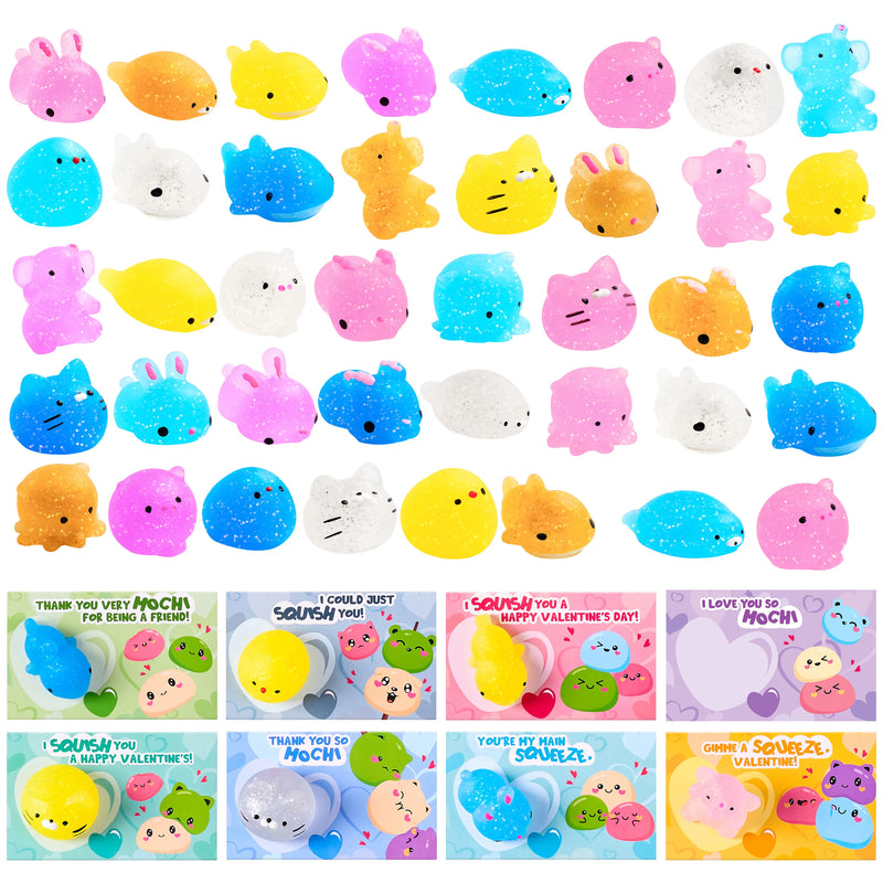 36 Packs Glitter Mochi Toys with Glitter Valentine’s Day Gift Cards